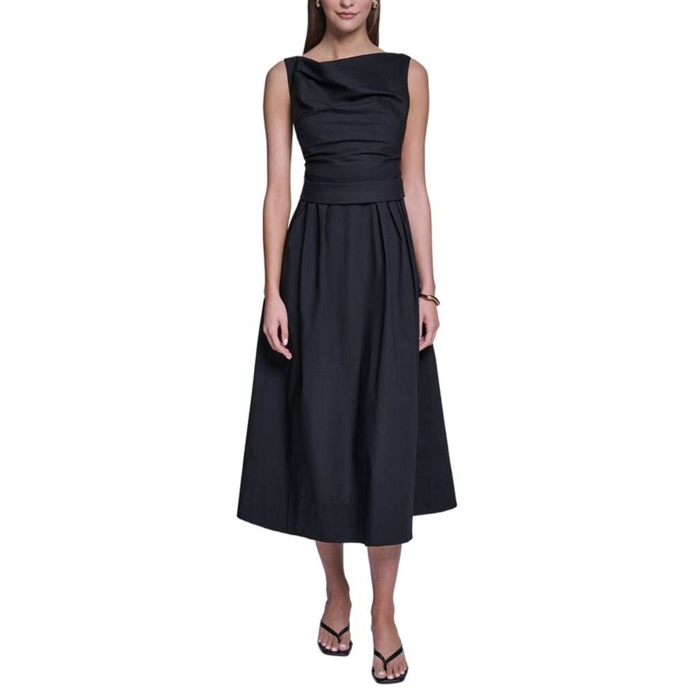 Halston Womens Sleeveless Cotton Pleated Fit And Flare